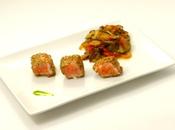 Cubes saumon mi-cuit sesame wasabi ratatouille