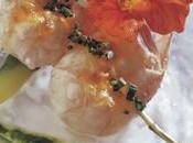 Brochette langoustines fleurie zeste d'orange confit