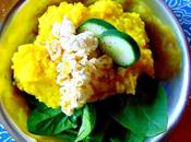 Purée pommes terre cari, curcuma kéfir, maïs soufflé wasabi