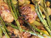 Poulet miel citron, pommes terre Noirmoutier asperges rôtiees
